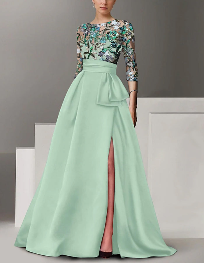 Round Neck Satin Sequined Sleeves Maxi Dress