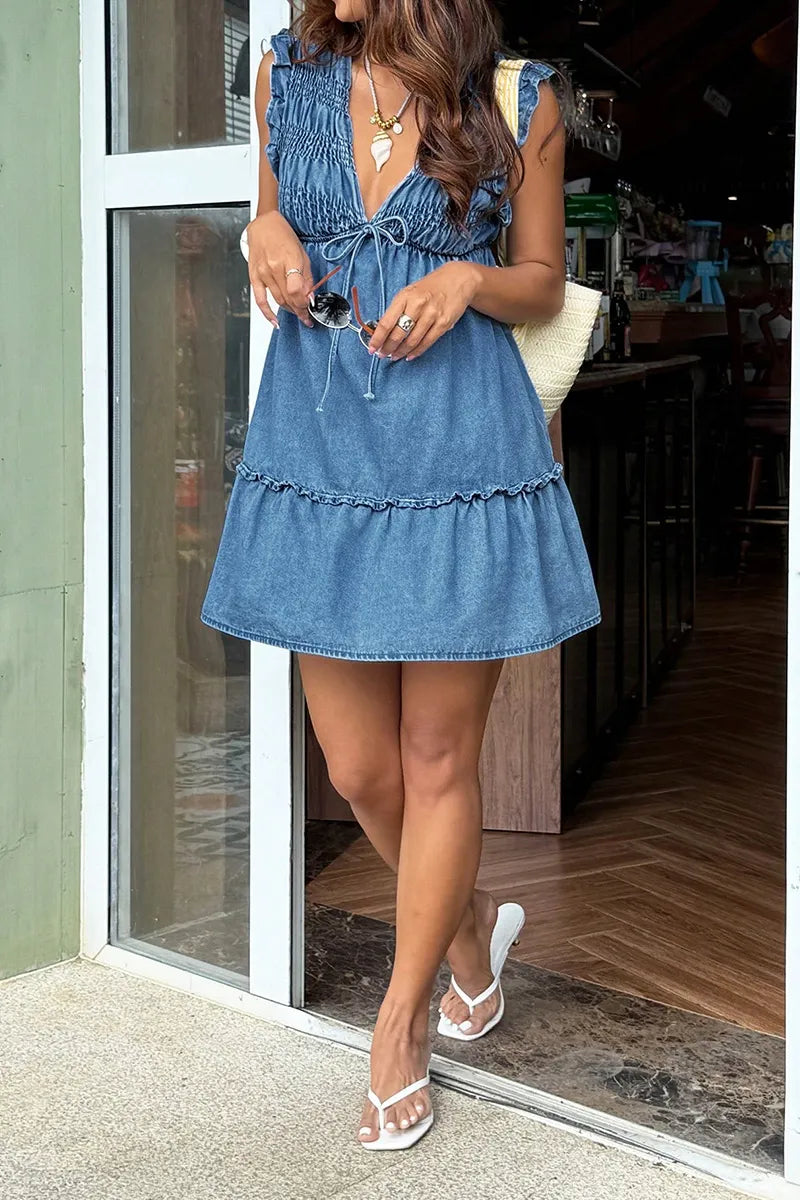 Women Deep V Ruffle Sleeveless Denim Mini Dress with Front Tie