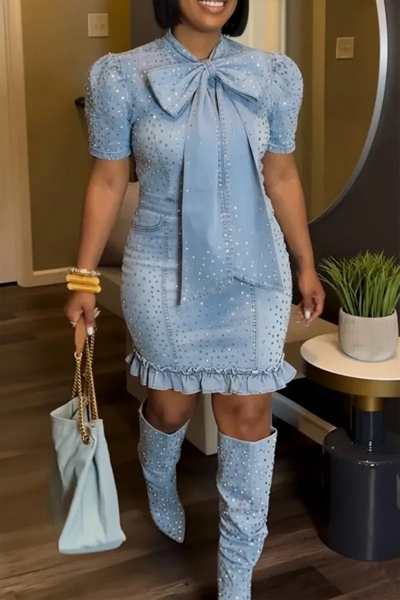Women's Casual Rhinestone Bow Denim Dress