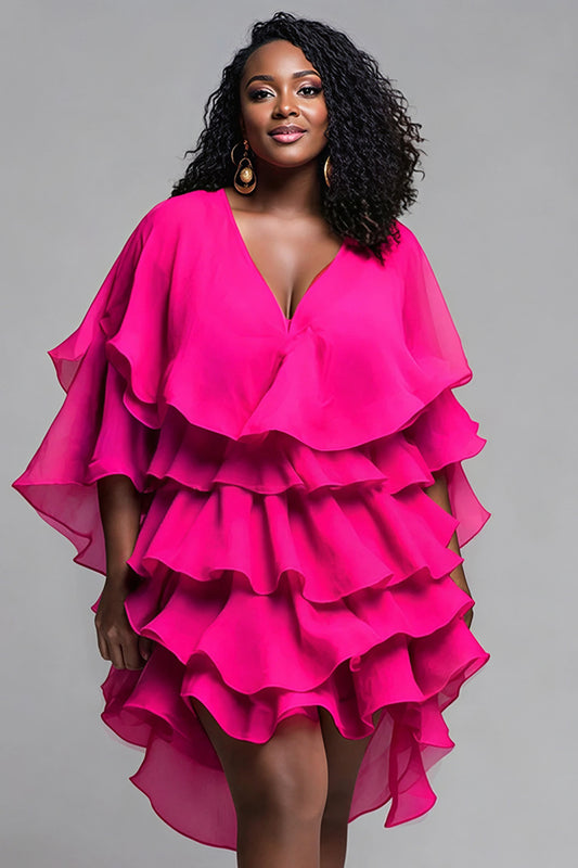 Party Hot Pink V Neck Half Sleeve Ruffle Tiered Mini Dresses