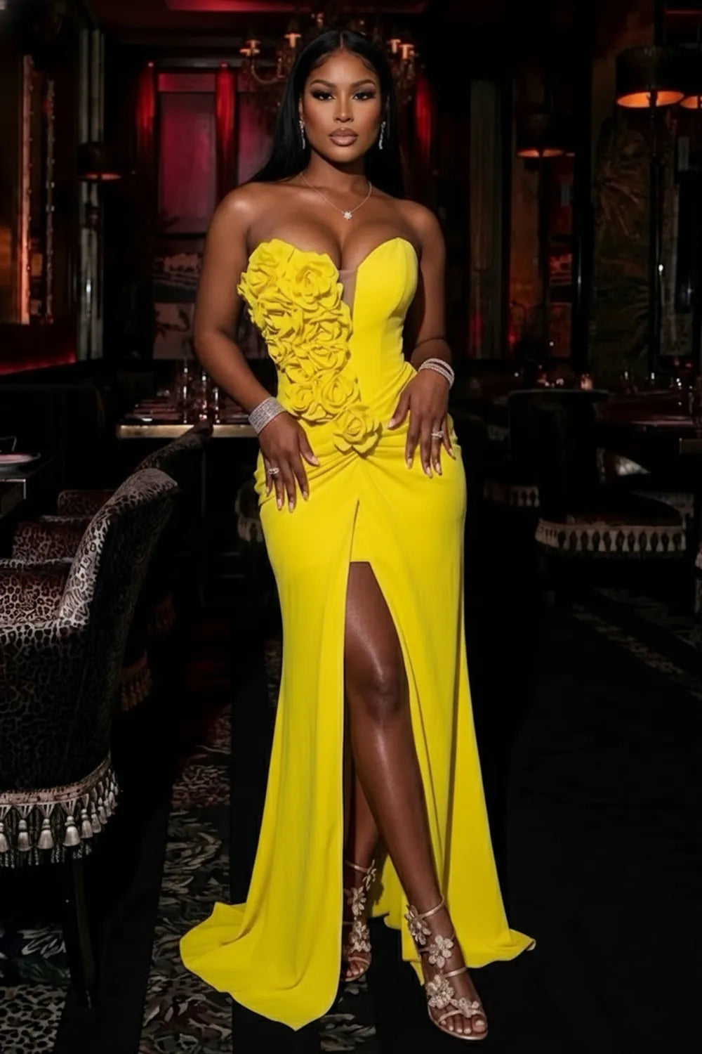 Strapless 3D Flower Slit Solid Color Gowns Maxi Dresses-Yellow