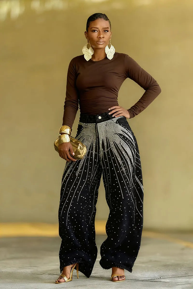 Distressed Crystal Embroidered Denim Jeans For Trendy Women