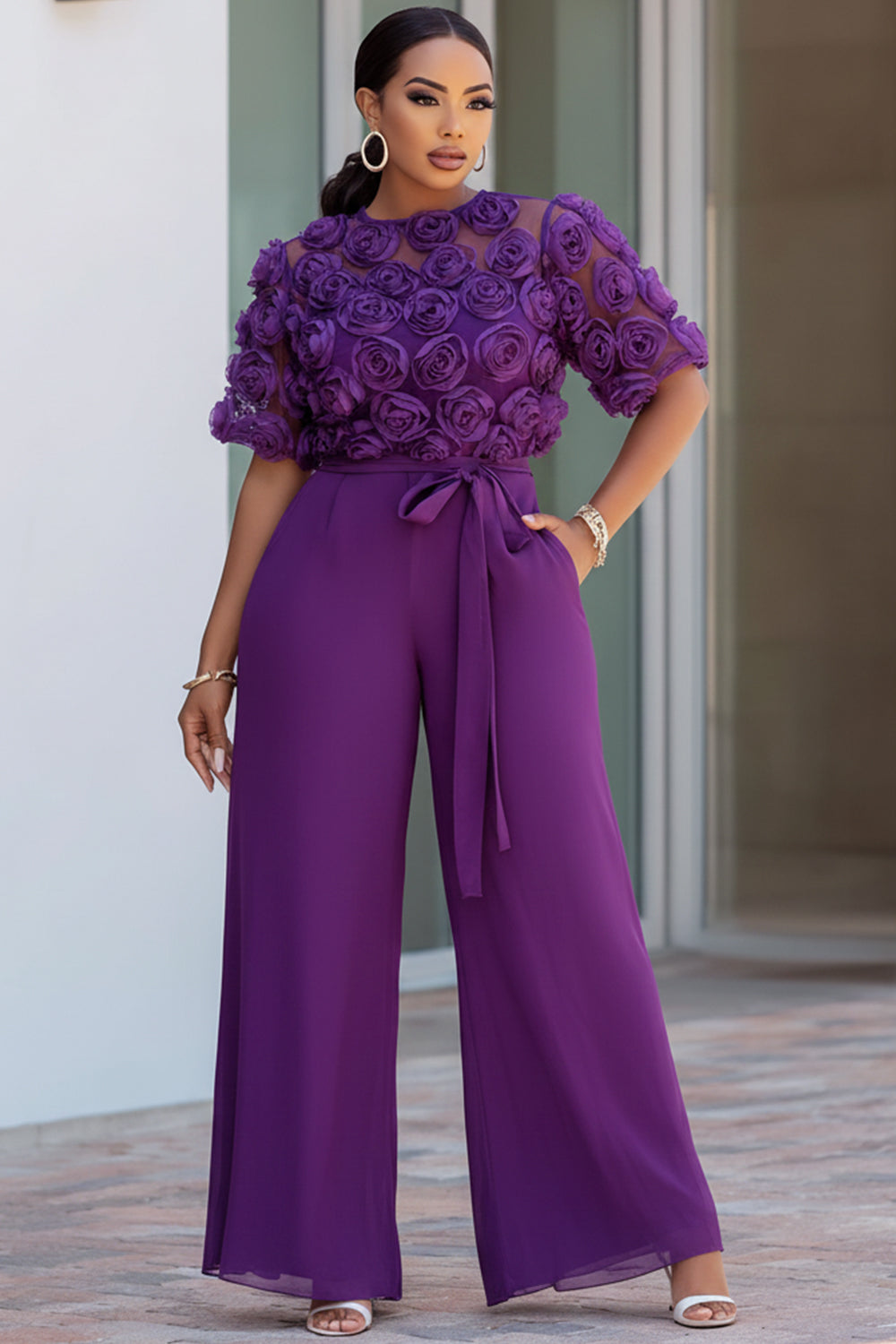 Purple Round Neck Short Sleeve 3D Wide Leg Jumpsuits