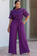 Purple Round Neck Short Sleeve 3D Wide Leg Jumpsuits