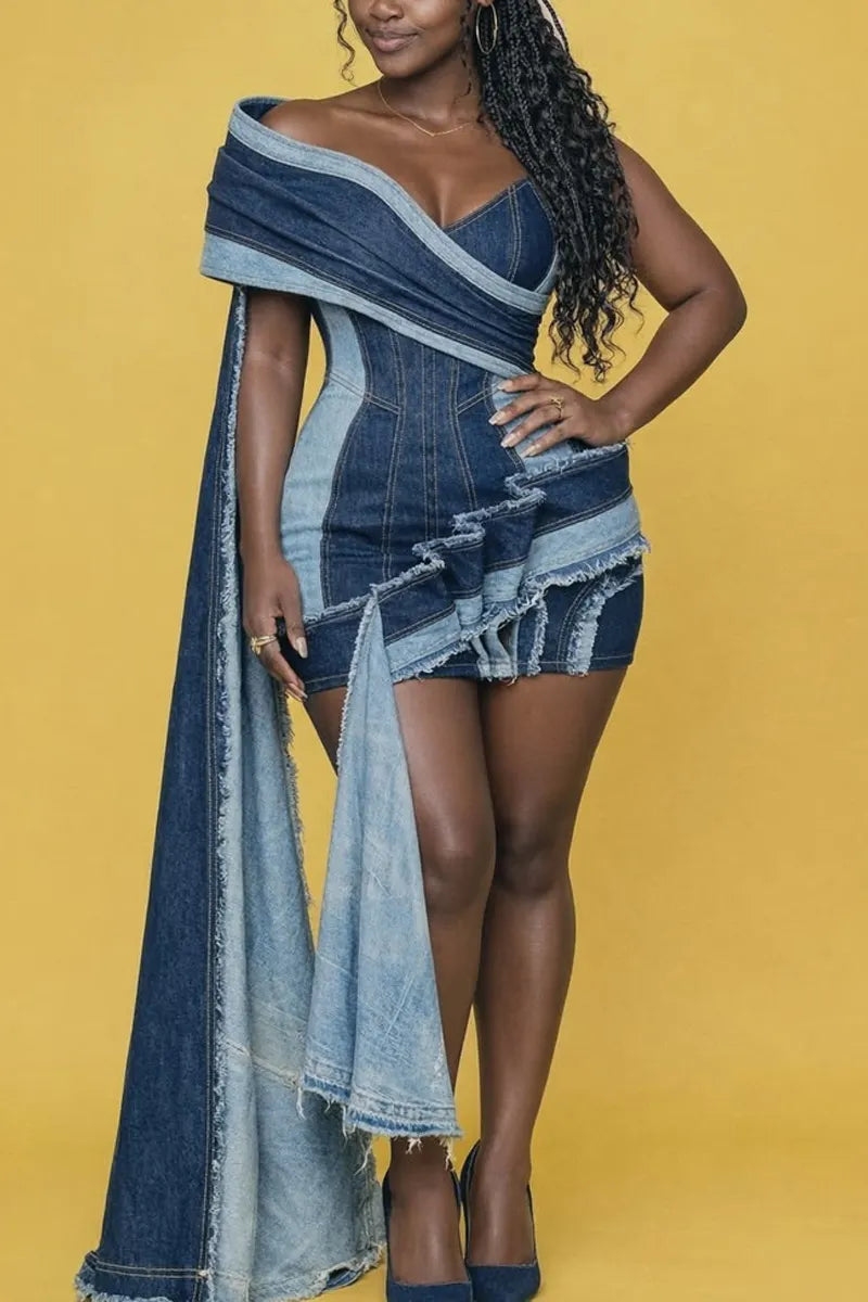 Women Color Block Denim Off The Shoulder Wrap Dress Raw Edge Tier Ruffle Trailing Hem Bodycon Dress