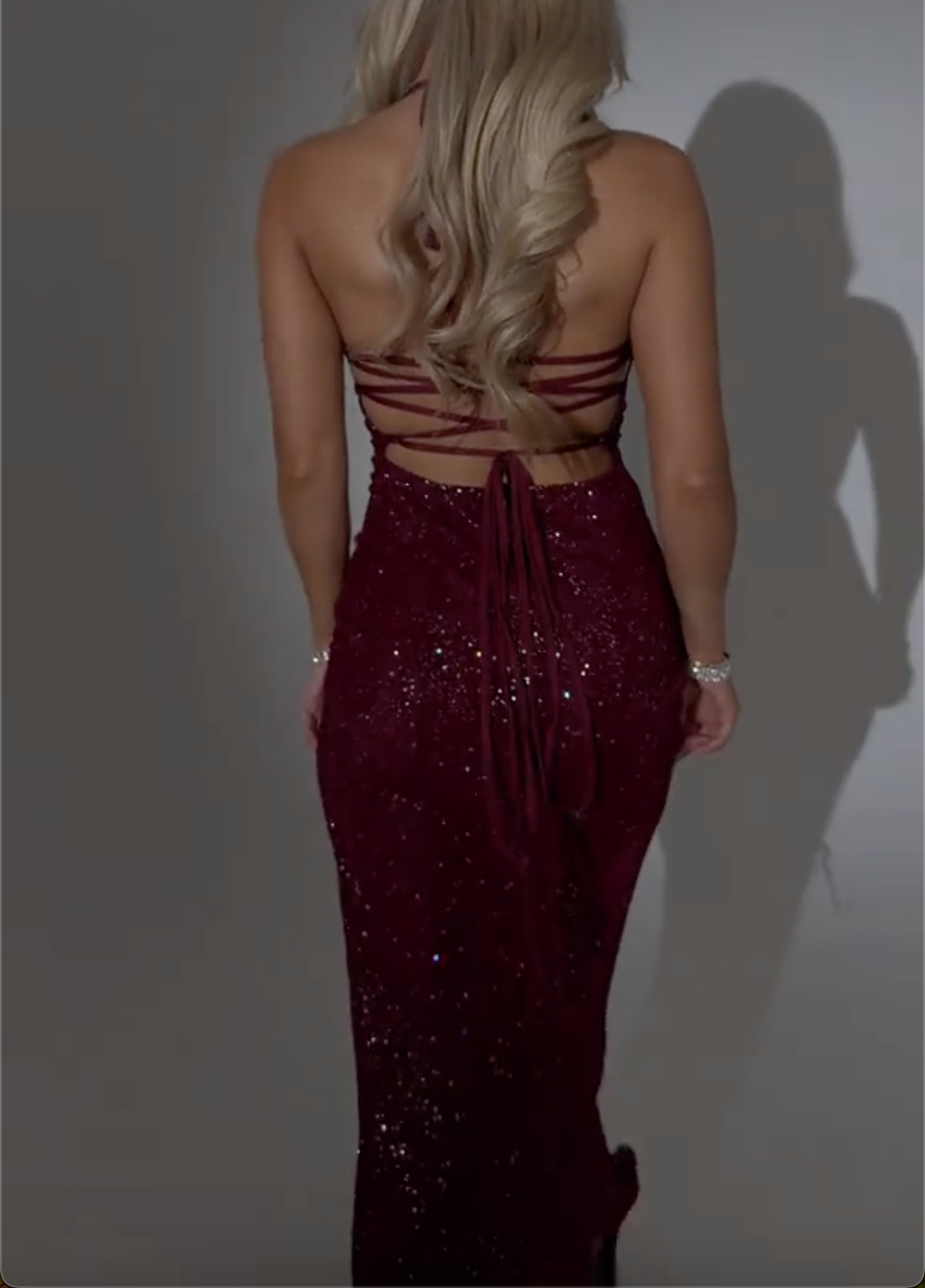 Burgundy Sequin Halter Maxi Dress with Lace-Up Back & High Slit