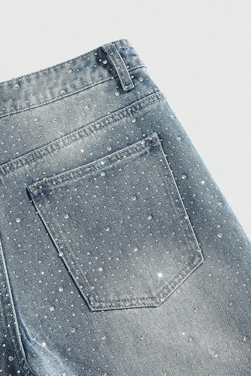 MEN Street Life Spring/Summer Casual Men'S Pearl & Diamond Embellished Loose Denim Shorts