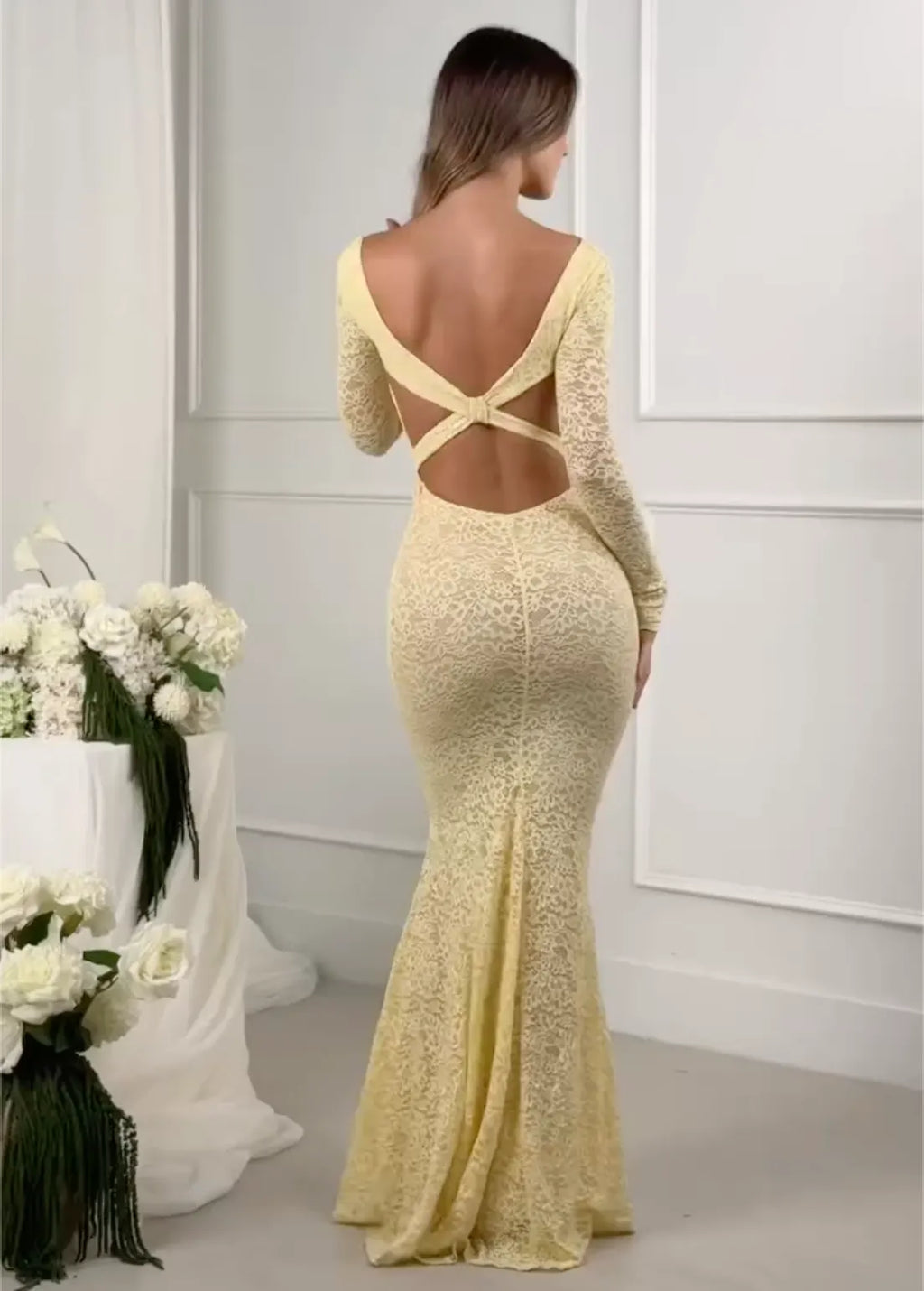 Yellow Long-Sleeve Lace Mermaid Maxi Dress with Cross-Back Detail - Formal Evening Gown