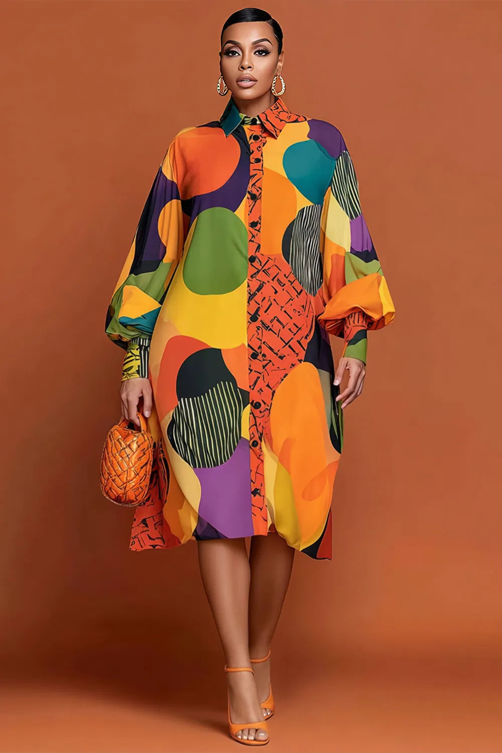 Daily Multicolor Graphic Shirt Collar Lantern Sleeve Long Sleeve Button Pocket Midi Dresses