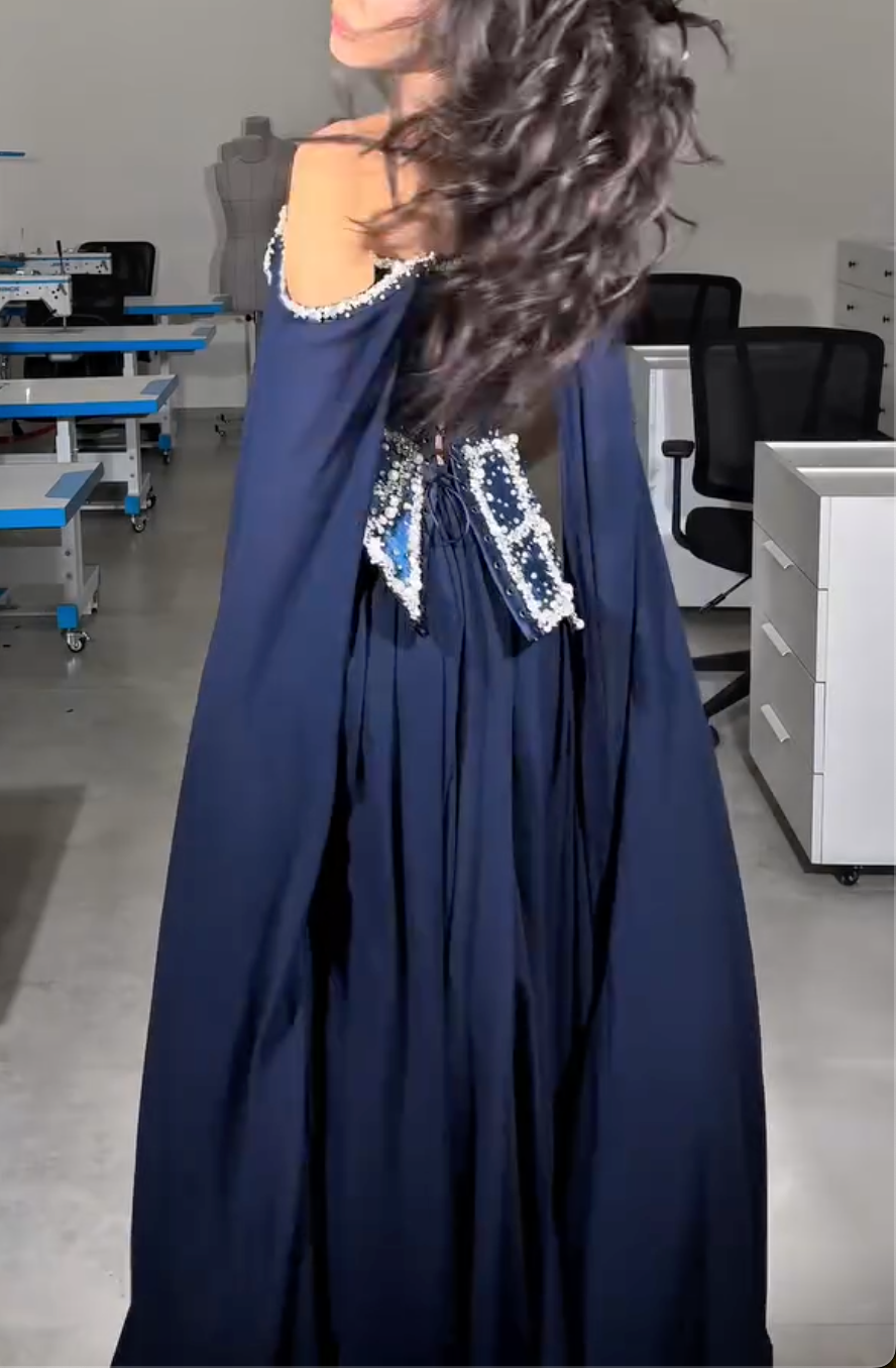 Navy Blue Off-the-Shoulder Maxi Dress with Crystal Beading & Cape Sleeves