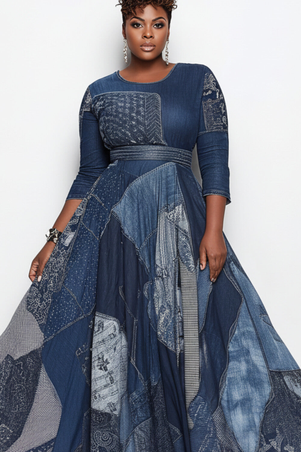 Semi  Blue Graphic Round Neck 3/4 Sleeve Pocket Casual Ruffle Maxi Dresses