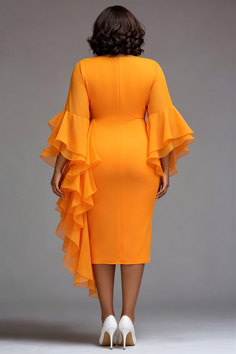Cocktail Party Orange Round Neck Flare 3/4 Sleeve Ruffle Bodycon Chiffon Midi Dresses