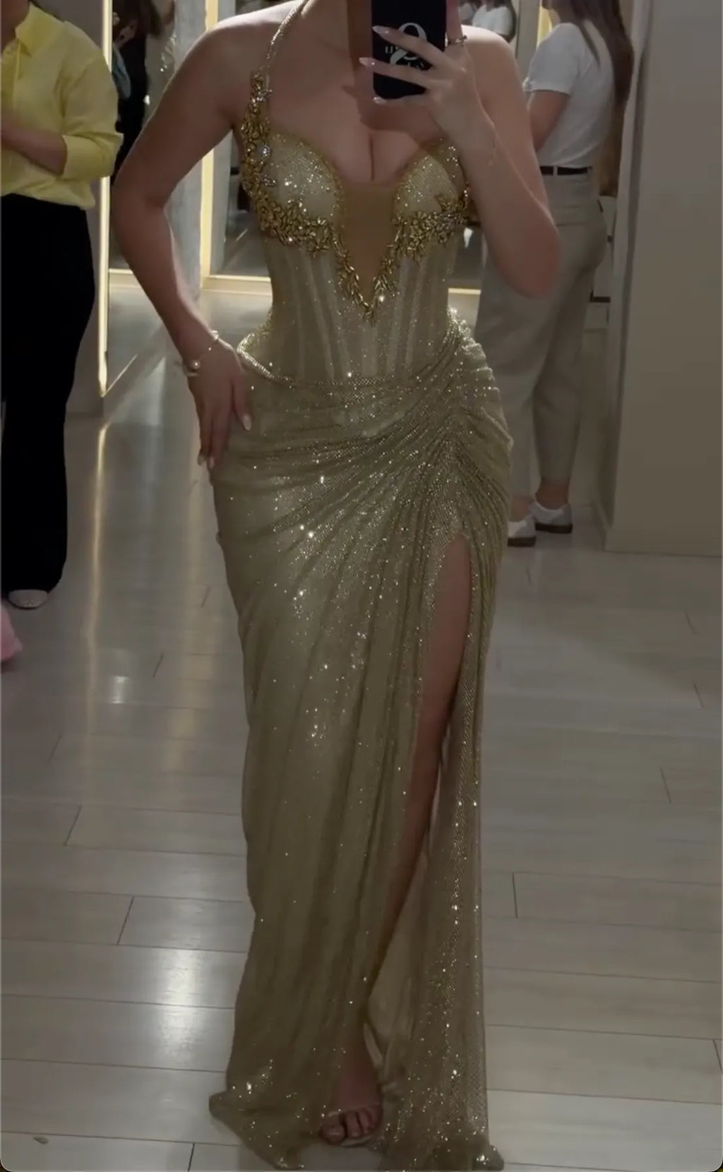 Gold Halter Neck Sparkly Corset Maxi Dress - Deep V with High Slit Formal Evening Gown