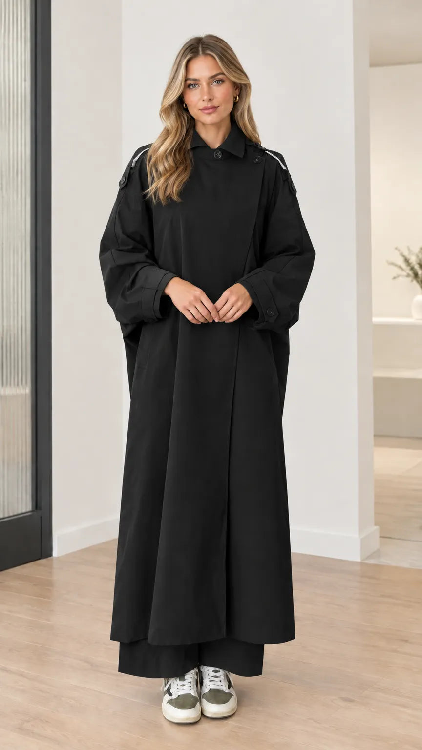 Women's Oversized Maxi Duster Trench Coat with Buttoned High Neck