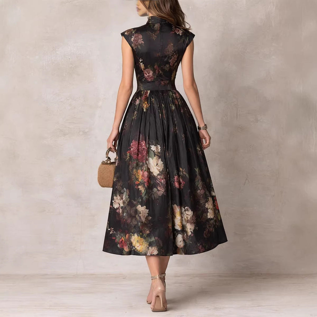 Midnight Garden Vintage Floral Pleated Maxi Dress