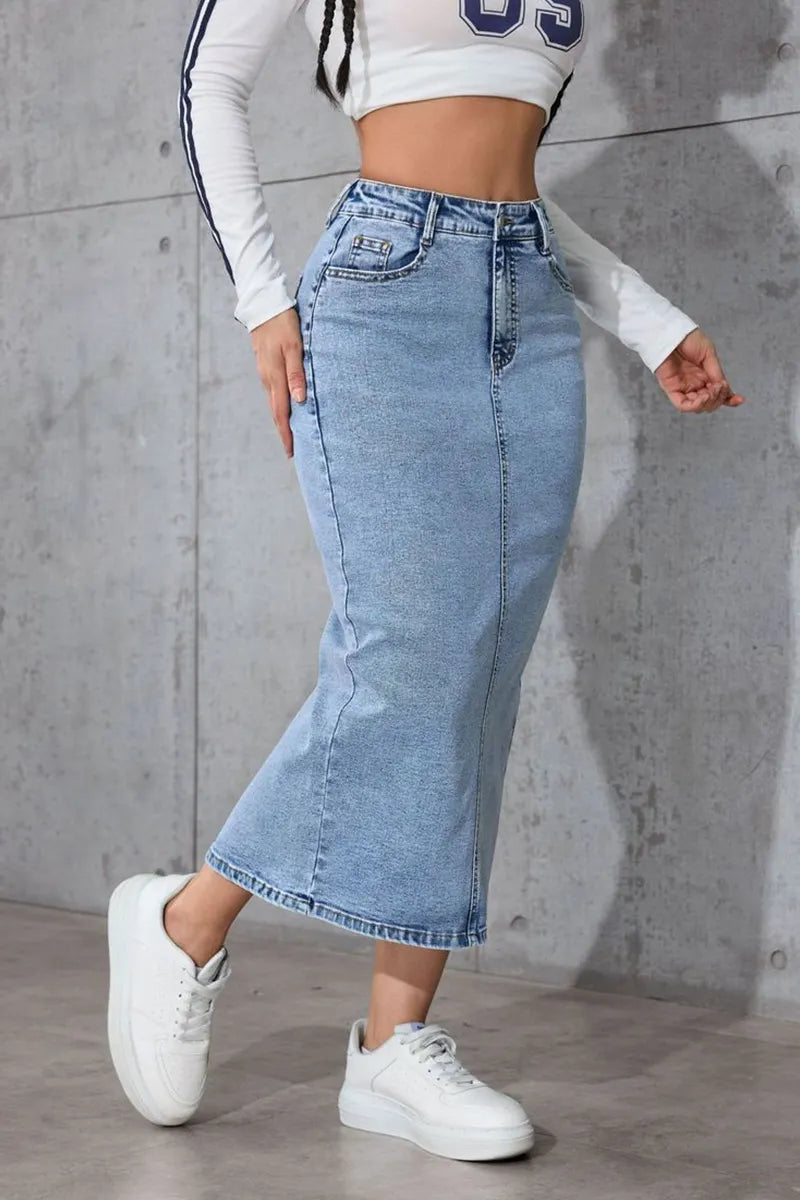 Ladies High-Waist Slimming Mid-Length Denim Skirt