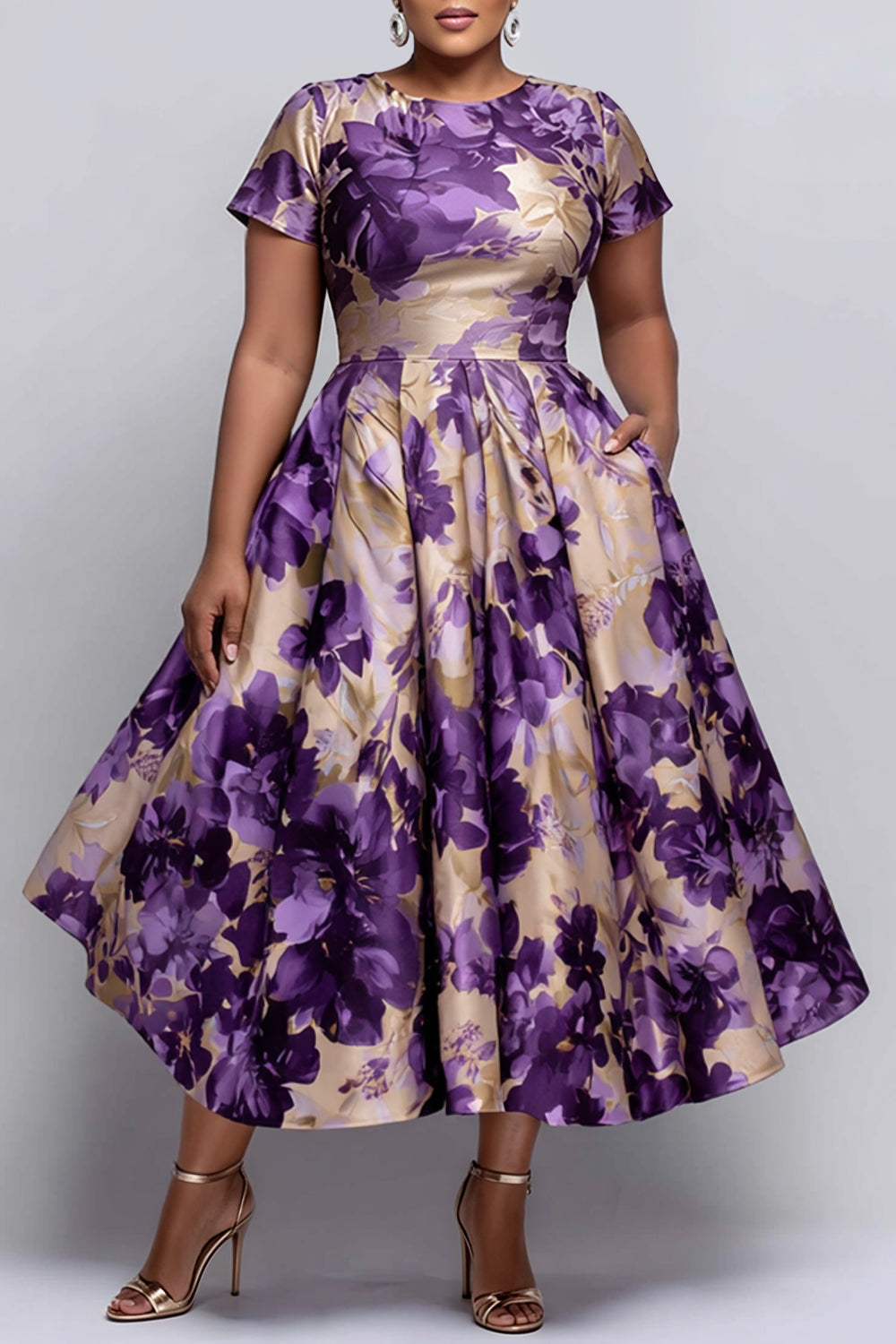 Cocktail Party Purple Floral Round Neck Short Sleeve Pocket Satin Midi Dresses