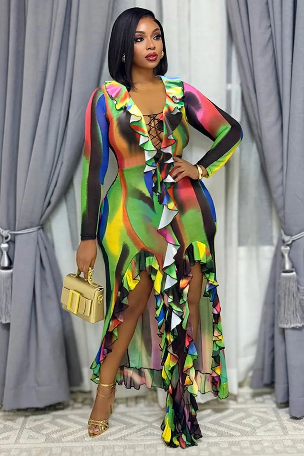 V Neck Ruffled Irregular Hem Slit Colorblock Vacation Maxi Dresses-Multicolor