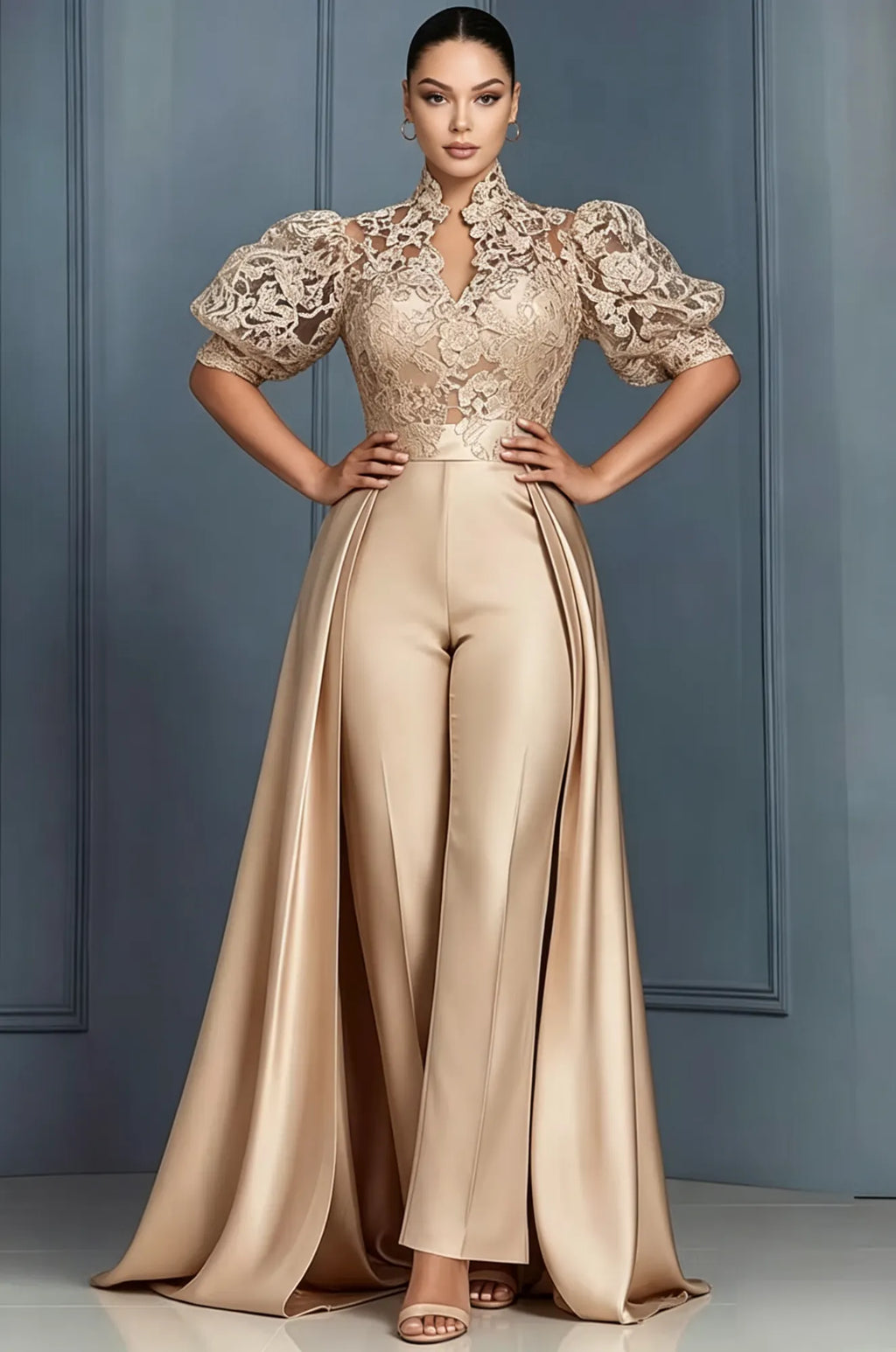Satin Champagne Stand-Up Collar Puff Sleeve Short Sleeve Pocket With Skirt Overlay Lace Jumpsuits