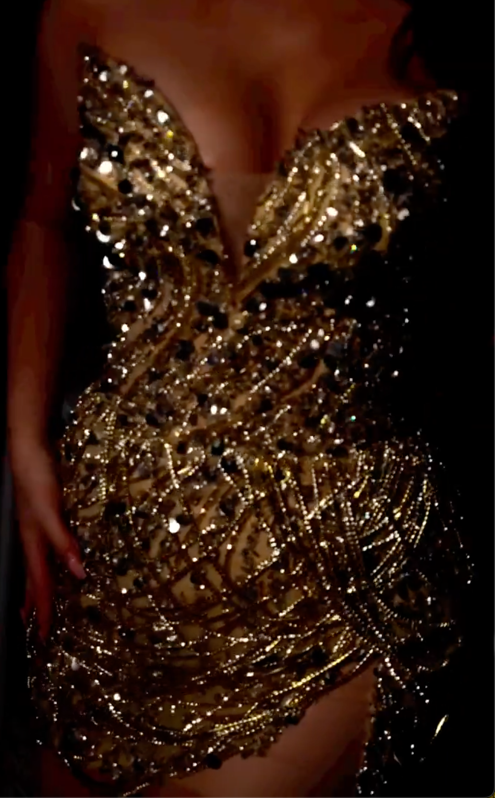 Gold Beaded Strapless Mini Dress with High Slit & Crystal Embellishments