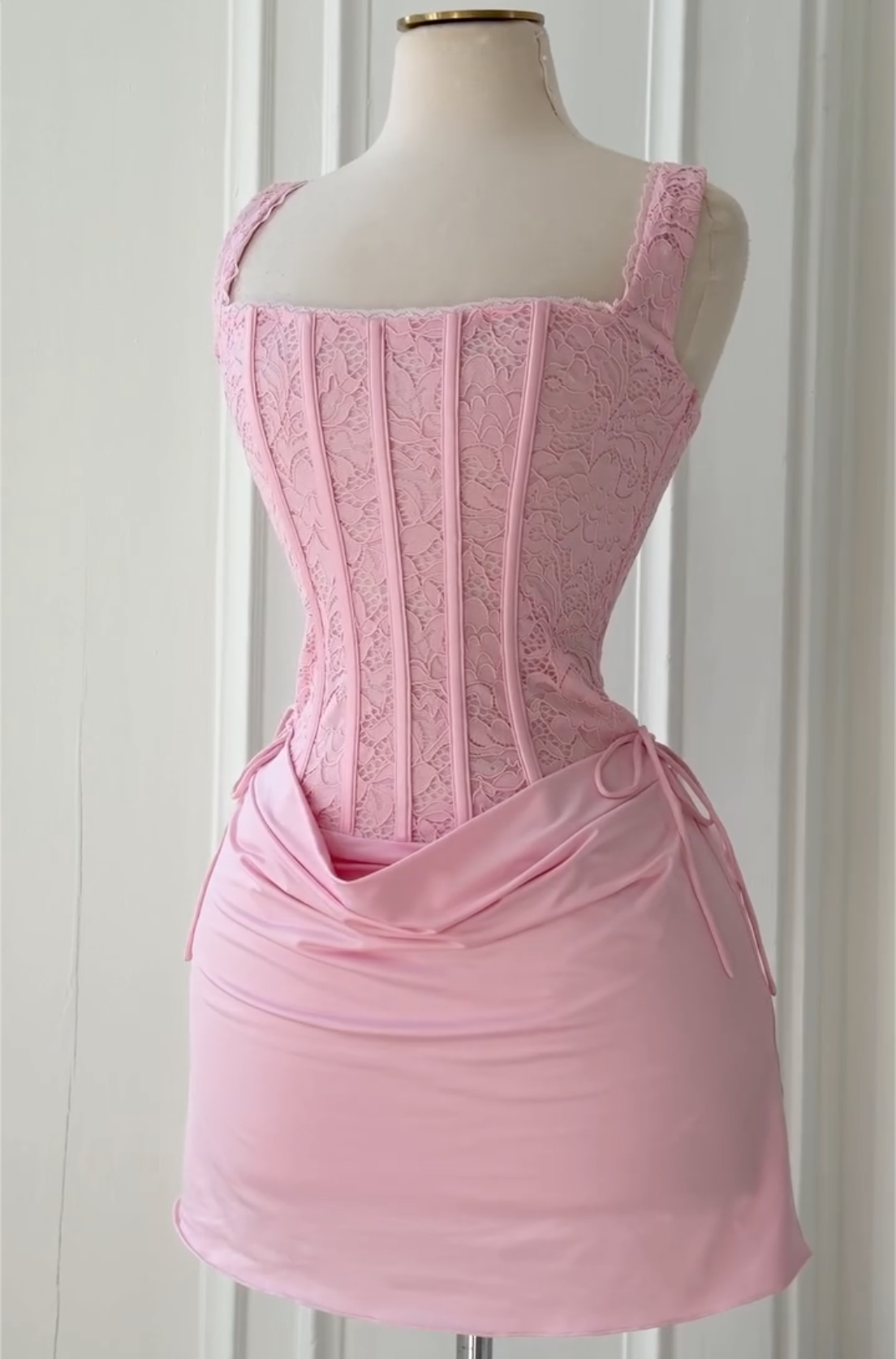 Pink Lace Corset Satin Ruched Mini Dress - Formal Bodycon Party Gown