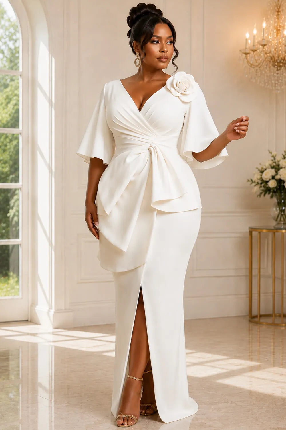Wedding White Wrap Neck Flare Short Sleeve Split 3D Maxi Dresses [Pre-Order]