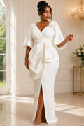Wedding White Wrap Neck Flare Short Sleeve Split 3D Maxi Dresses [Pre-Order]