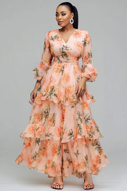 Wedding Guest Peach All Over Print V Neck 3/4 Sleeve Ruffle Tiered Chiffon Maxi Dresses