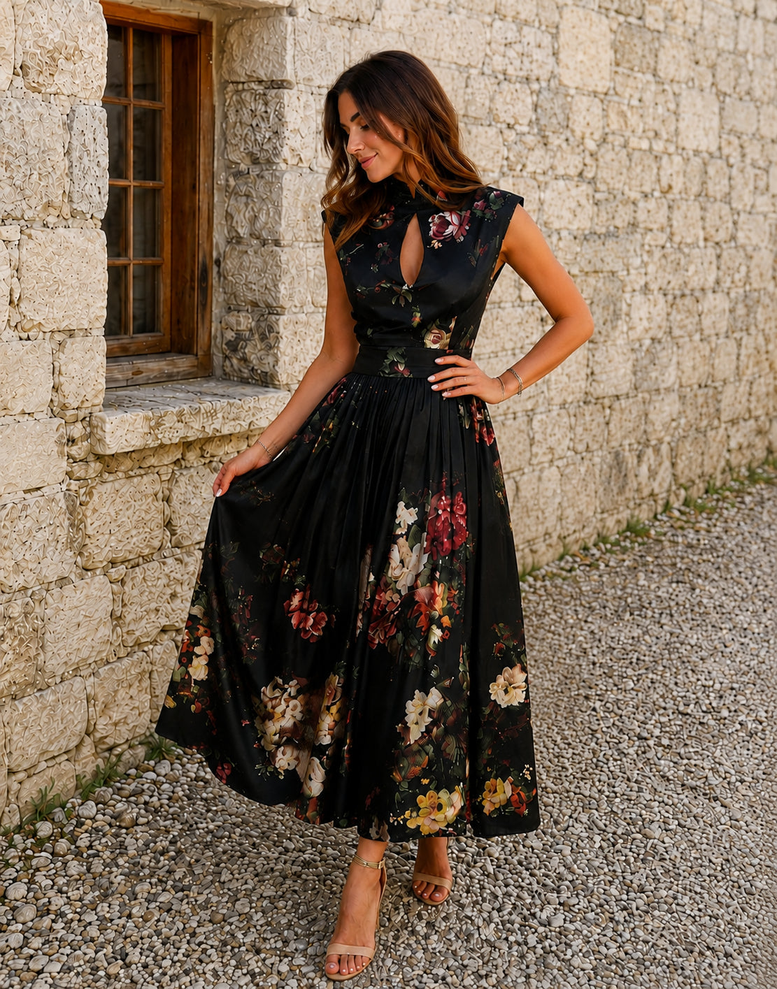 Midnight Garden Vintage Floral Pleated Maxi Dress