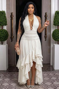 Plunge Neck Metal O-Ring Ruched Irregular Hem Maxi Dresses-White [Pre Order]