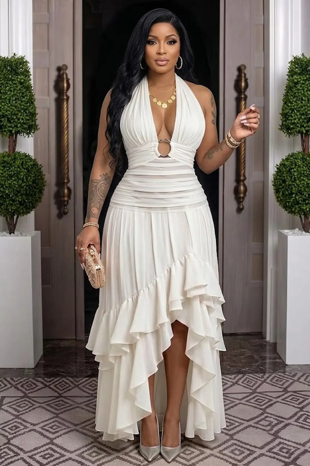 Plunge Neck Metal O-Ring Ruched Irregular Hem Maxi Dresses-White [Pre Order]