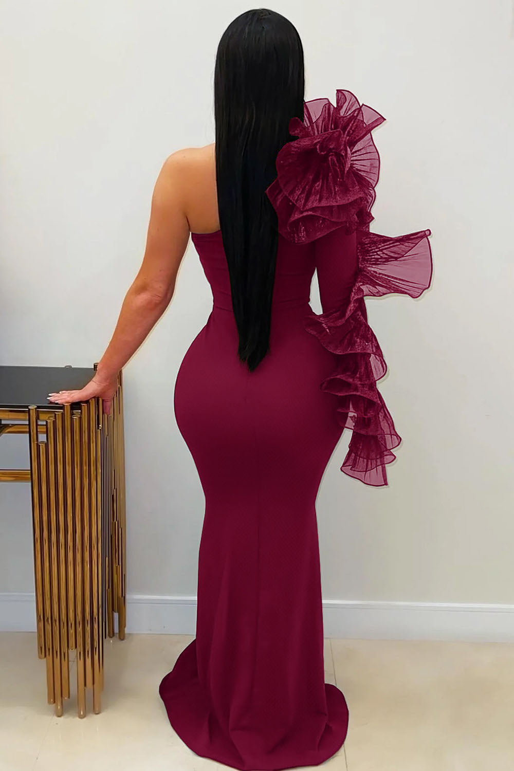 One Shoulder Ruffled Long Sleeve Mermaid Evening Gowns Maxi Dresses-Black