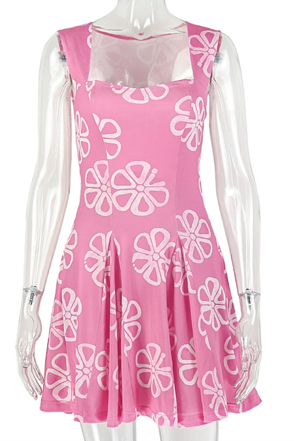 Square Neck Sleeveless Floral Pattern Cinch Waist A-Line Mini Dresses-Pink