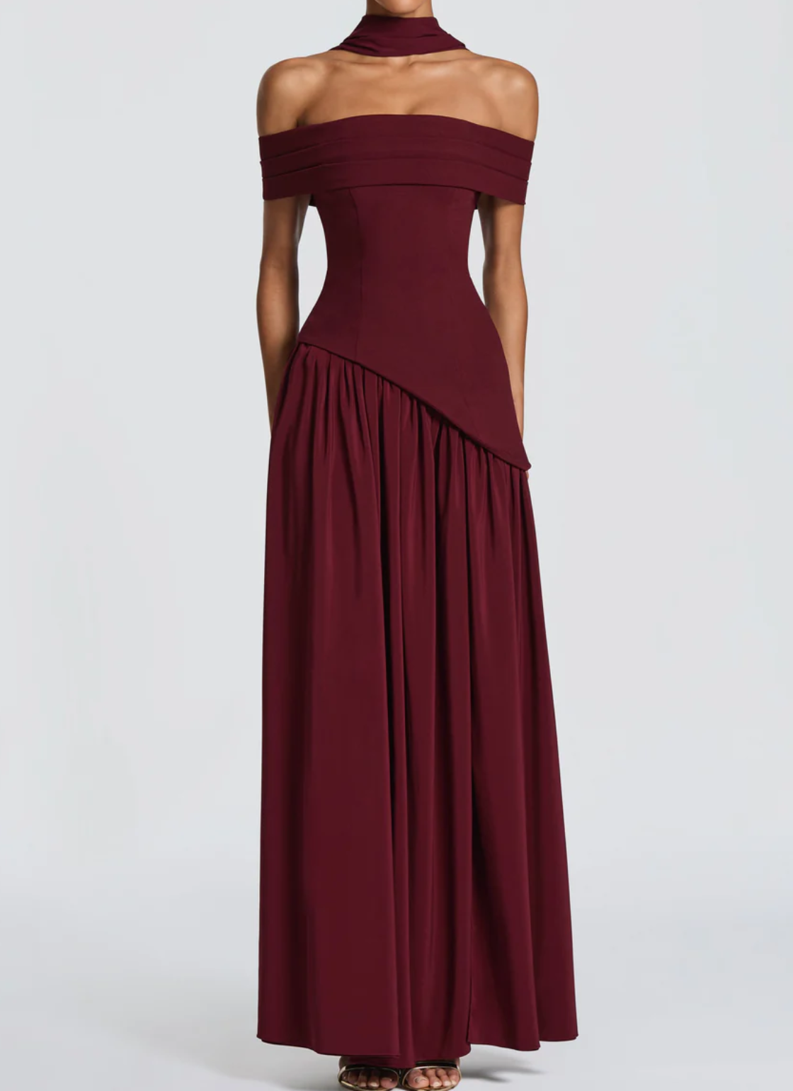 Pink/Red/Black Off-the-Shoulder Halter Neck Maxi Dress - Elegant Formal Evening Gown with Asymmetric Waist