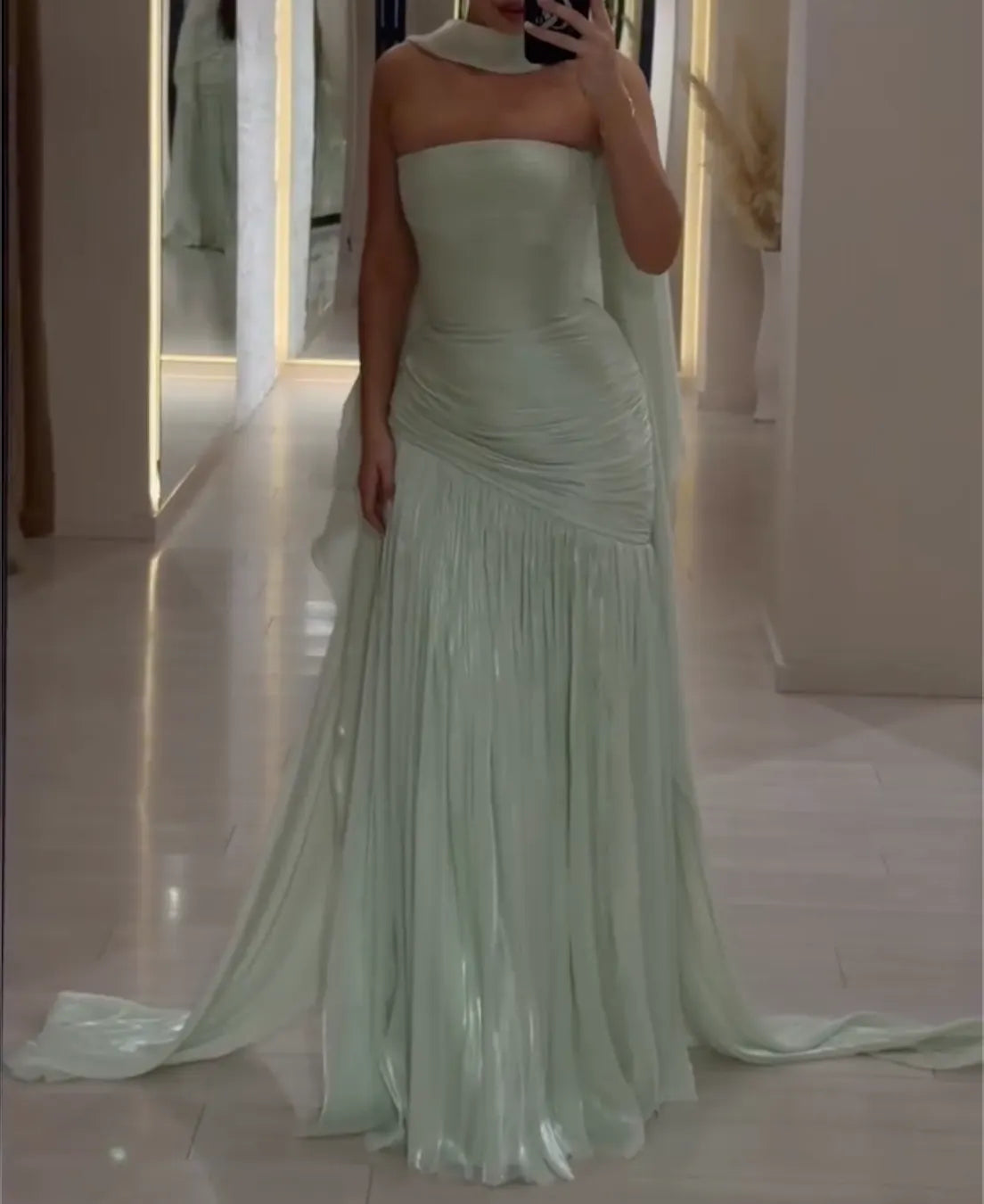 Mint Green Strapless Evening Dress - Draped Pleated Metallic Formal Gown