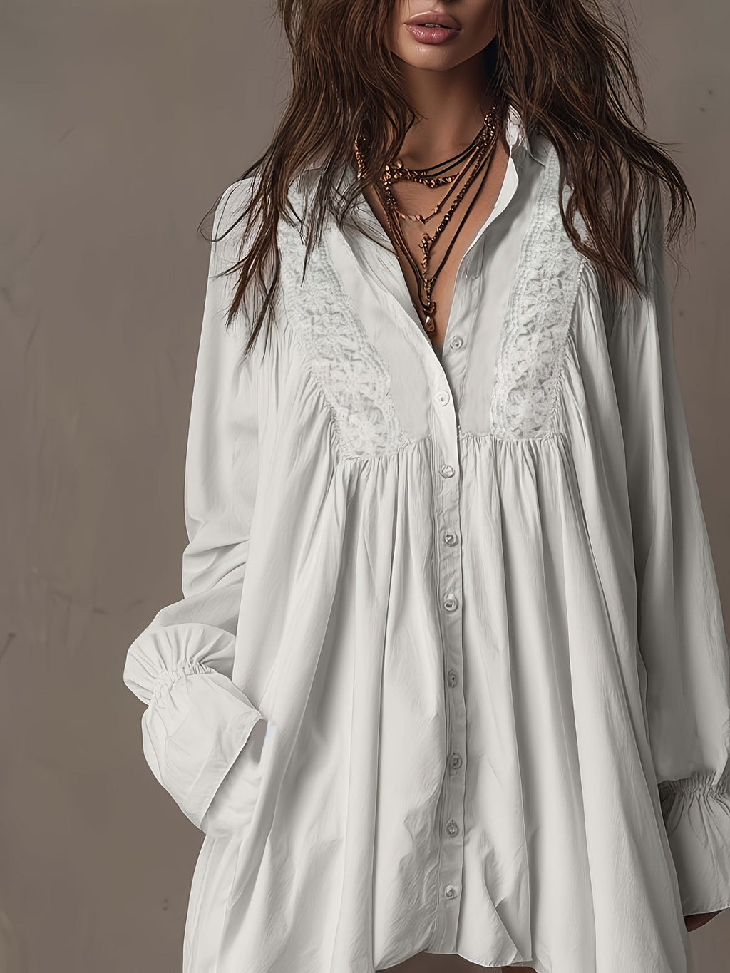 Ivory Whisper Bohemian Lace Shirt Dress