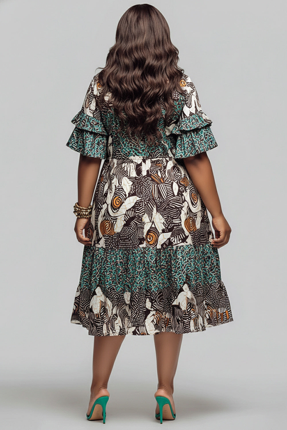 Business Casual Multicolor African Print Shirt Collar Short Sleeve Pocket Ruffle Midi Dresses