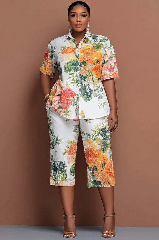 Vacation Casual Multicolor Floral Shirt Collar Short Sleeve Pocket Two Piece Short Sets