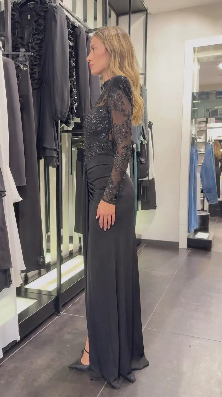 Embellished Long Sleeve Ruched Maxi Evening Dress