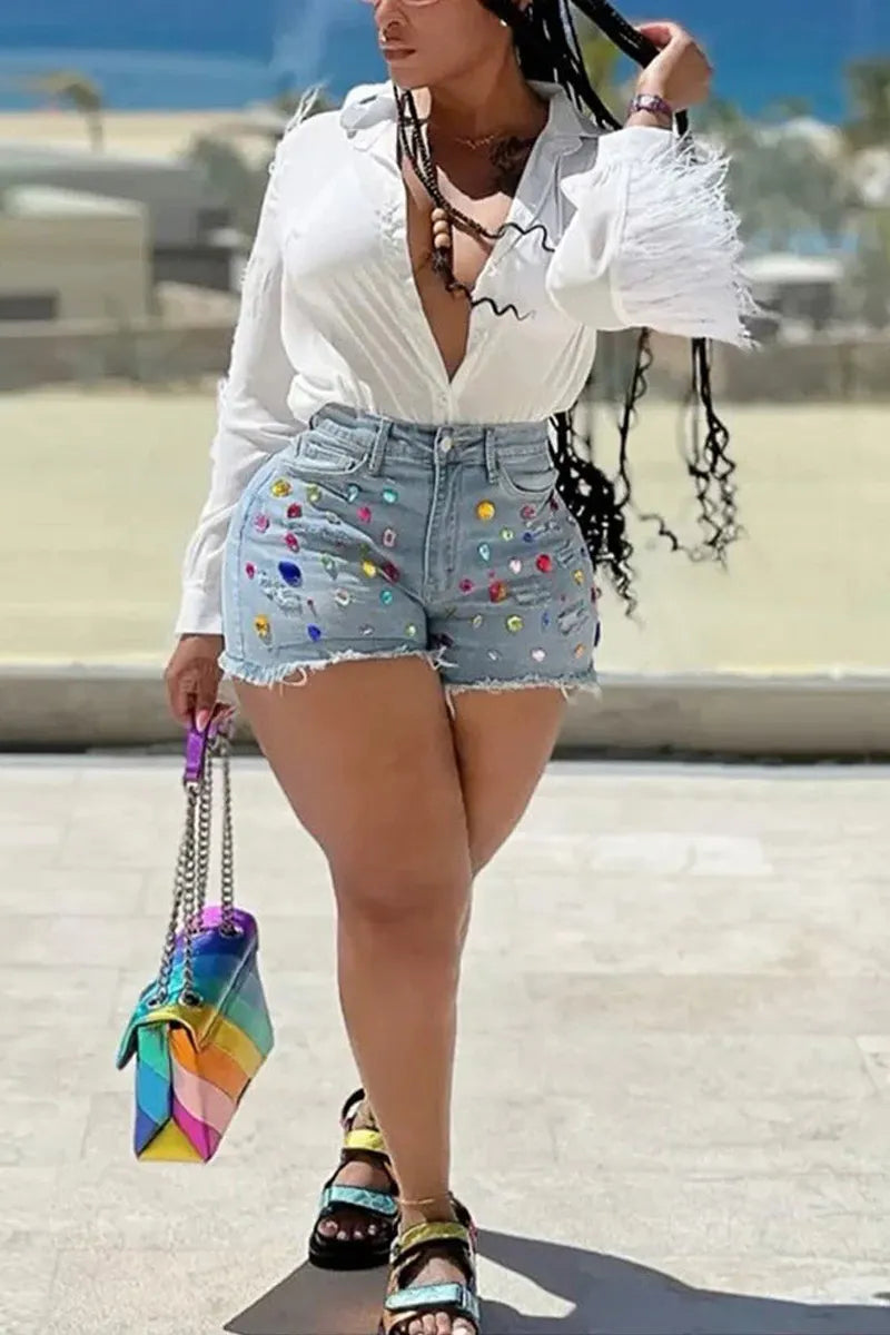 Ladies' Hot Selling Casual Rhinestone Denim Shorts