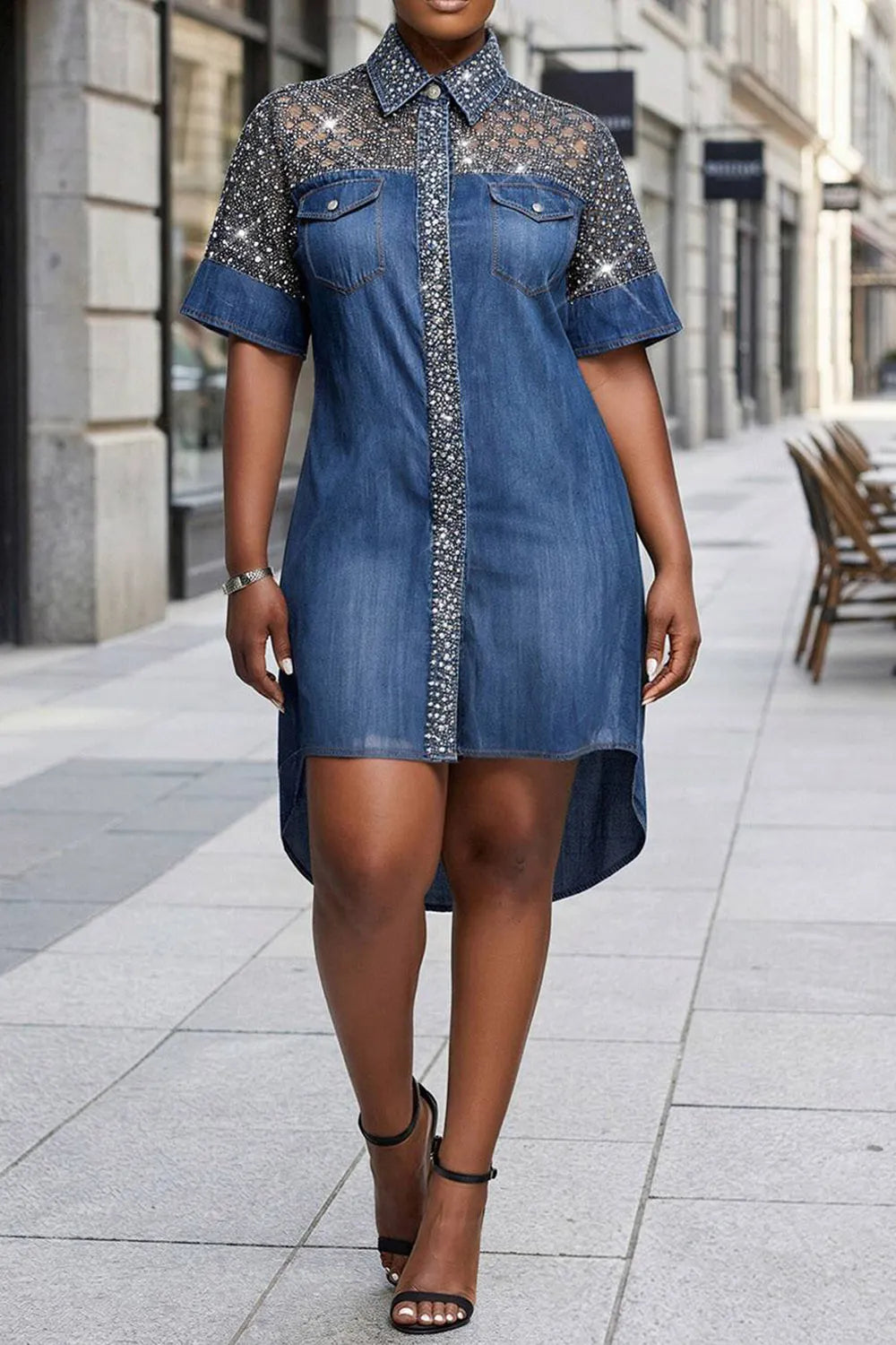 Xpluswear Design Plus Size Business Casual Sequin Blue Shirt Collar Short Sleeve Asymmetric Hem Tencel Denim Mini Dresses [Pre-Order]