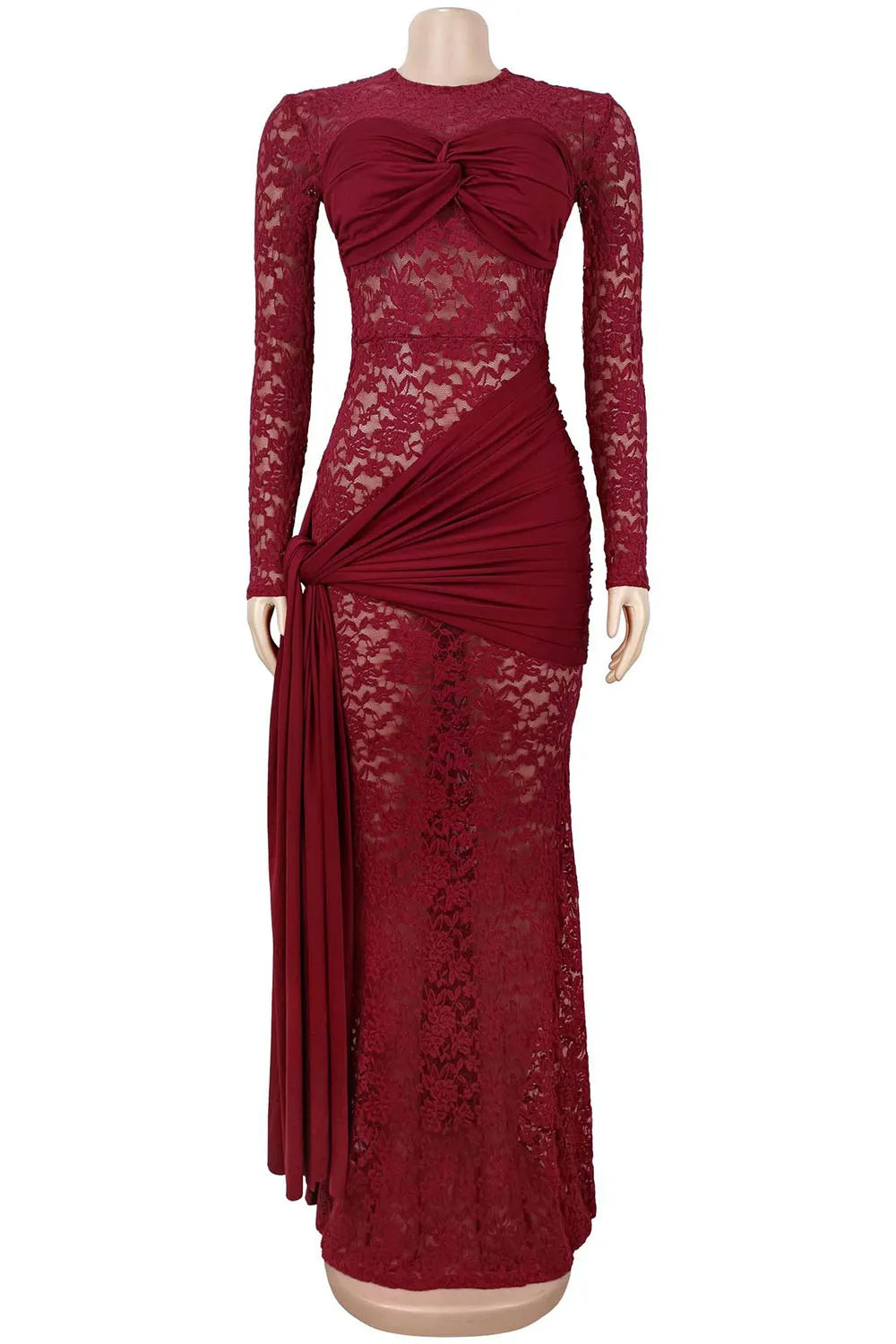 Lace Round Neck Long Sleeve Side Sash Slim Gowns Maxi Dresses-Burgundy