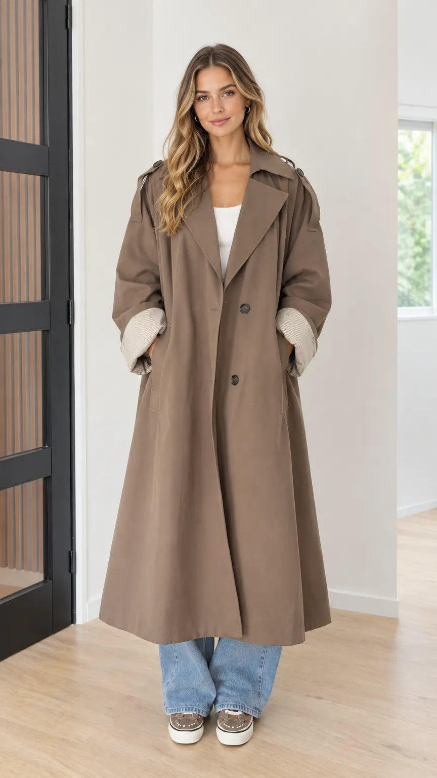 Women's Oversized Maxi Trench Coat with Contrast Ribbed Cuffs
