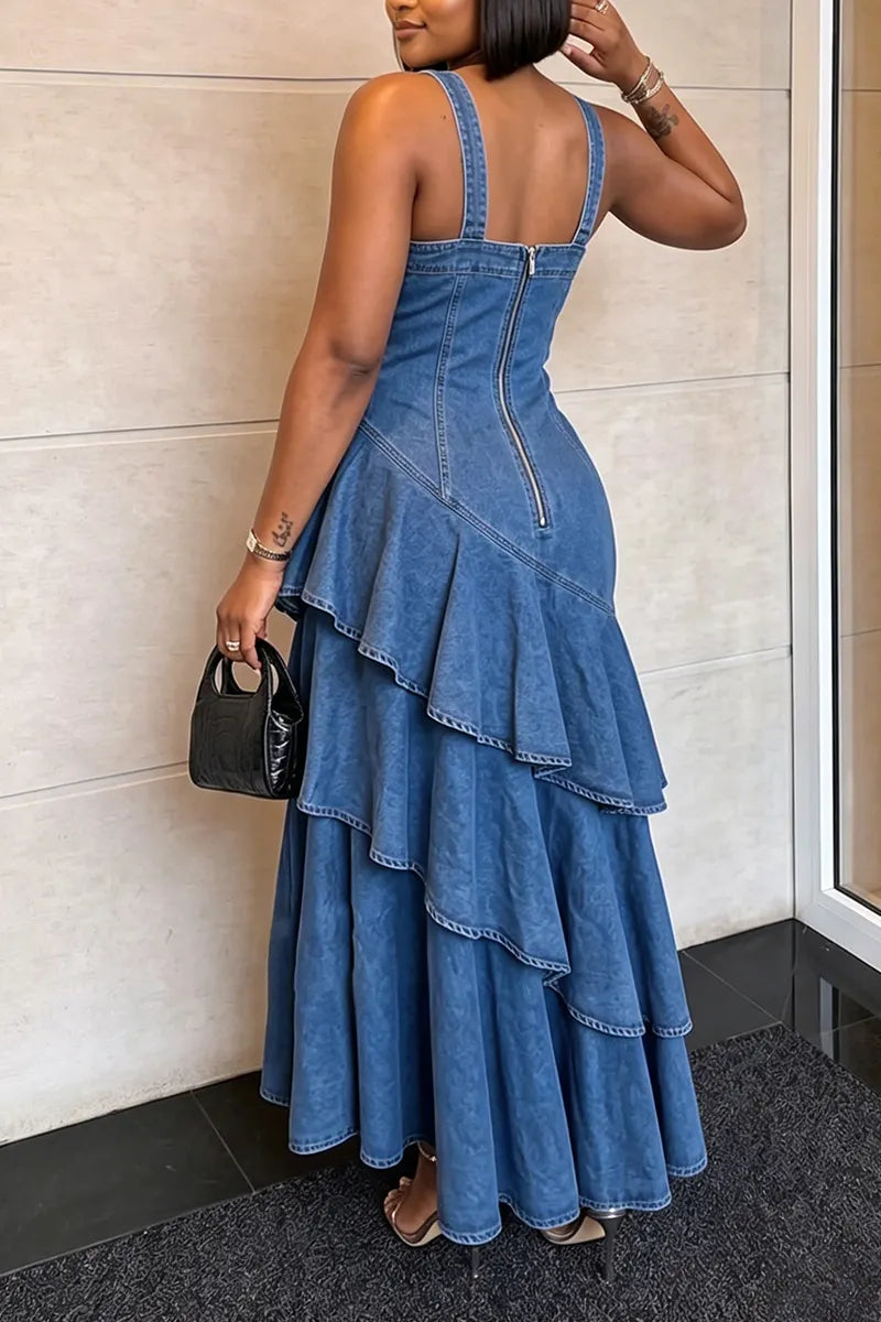 Women's Elegant Tiered Flounce Hem Denim Dress