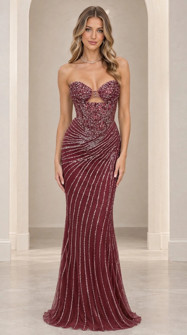 Strapless Beaded Corset Cutout Mermaid Evening Gown