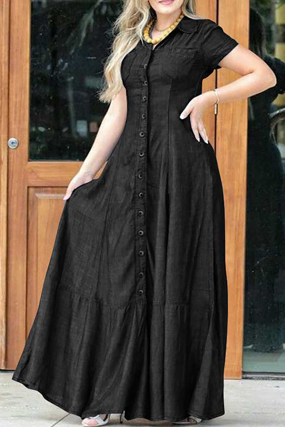 Plus Size Casual Dress Light Blue Button Shirt Collar Denim Maxi Dress With Pocket