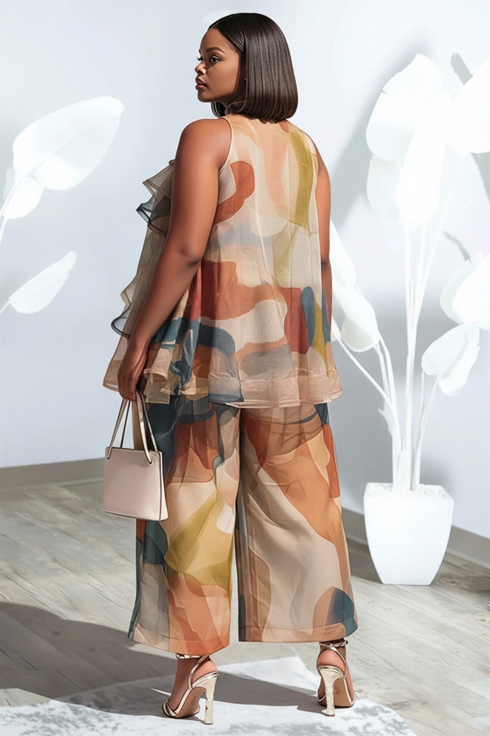 Vacation Elegant Multicolor All Over Print Halter Collar Ruffle Pocket Chiffon Two Piece Pant Sets