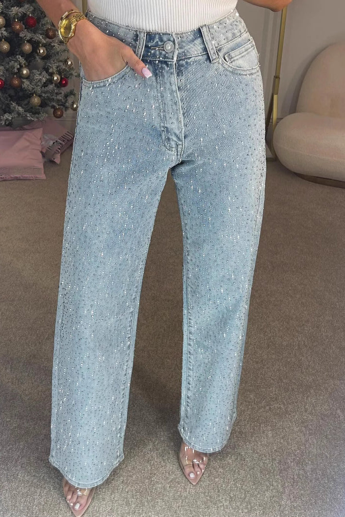 Fashion Sparkling Full Rhinestone Washed Jeans