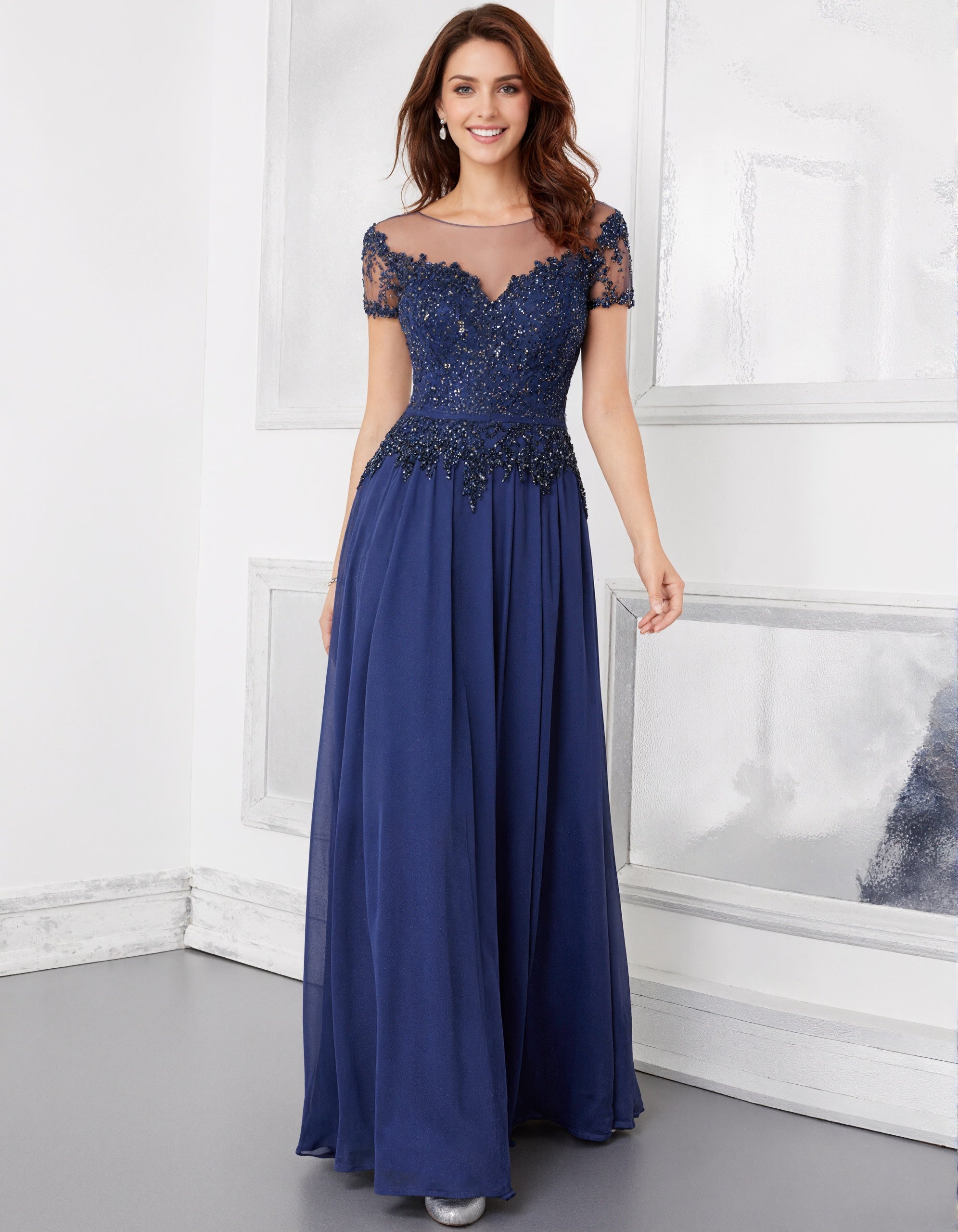 Crew Neck Lace And Chiffon Fabric Maxi Dress