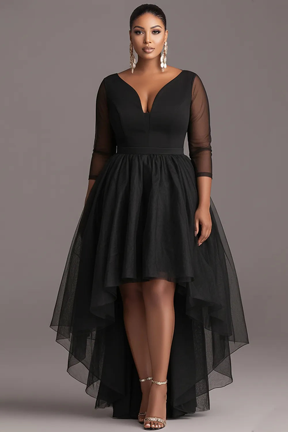 Party Black V Neck 3/4 Sleeve High Low Hem See Through Tulle Mini Dresses